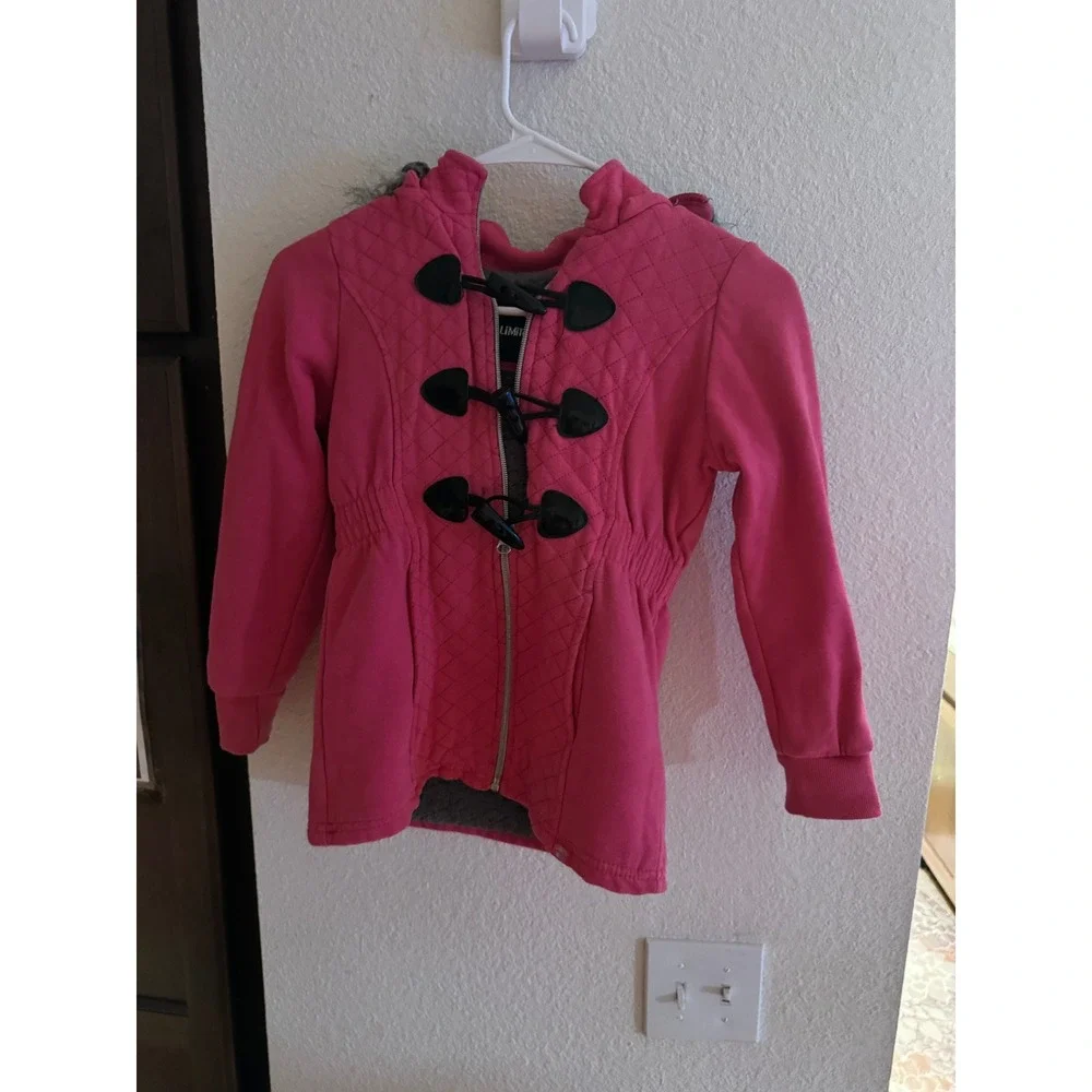 Limited Too Girls Pink Toggle Fleece Jacket Faux Fur Hood Sherpa Lined Size 7/8